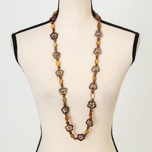 Cultured freshwater pearl & brown mother of pearl carnelian flower 36” necklace